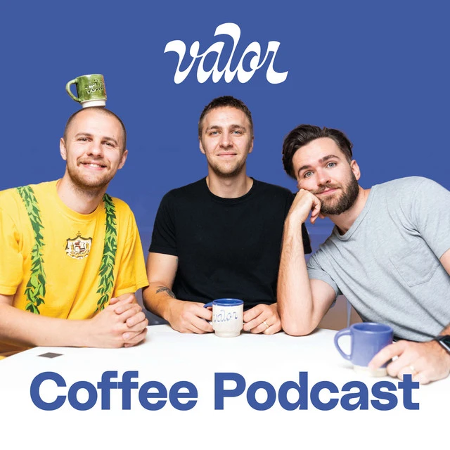 Valor Coffee Podcast cover — the three hosts at a table with Valor mugs